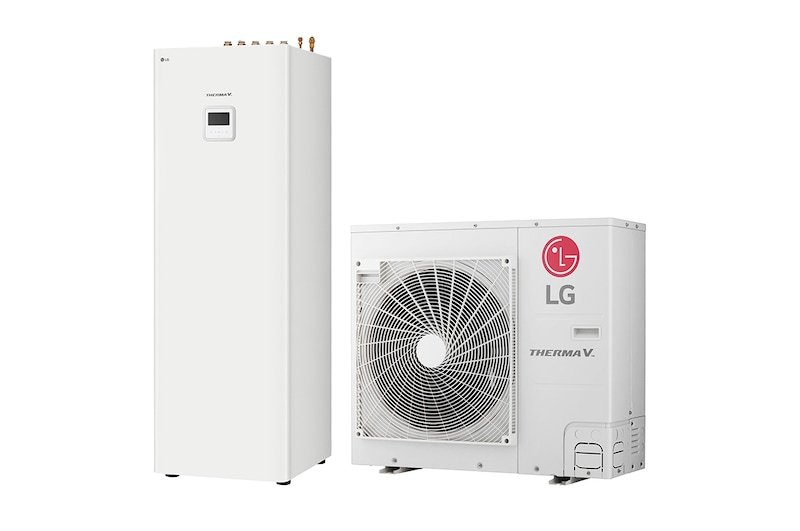 LG THERMA V IWT 7 kW komplektas: bokštinis HN0913T modulis su 200 litrų talpa ir HU071MR lauko blokas