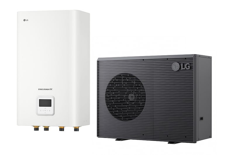LG THERMA V R290 7 kW komplektas: pilkas HM073HF monoblokas ir sieninis HN1639HC hidraulinis modulis